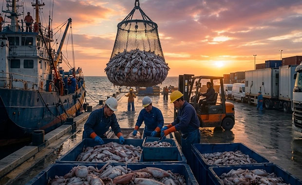 Descarga de pesca desde barco en puerto y trabajadores procesando el pescado