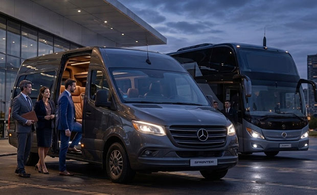 Ejecutivos abordando una van de movilidad empresarial