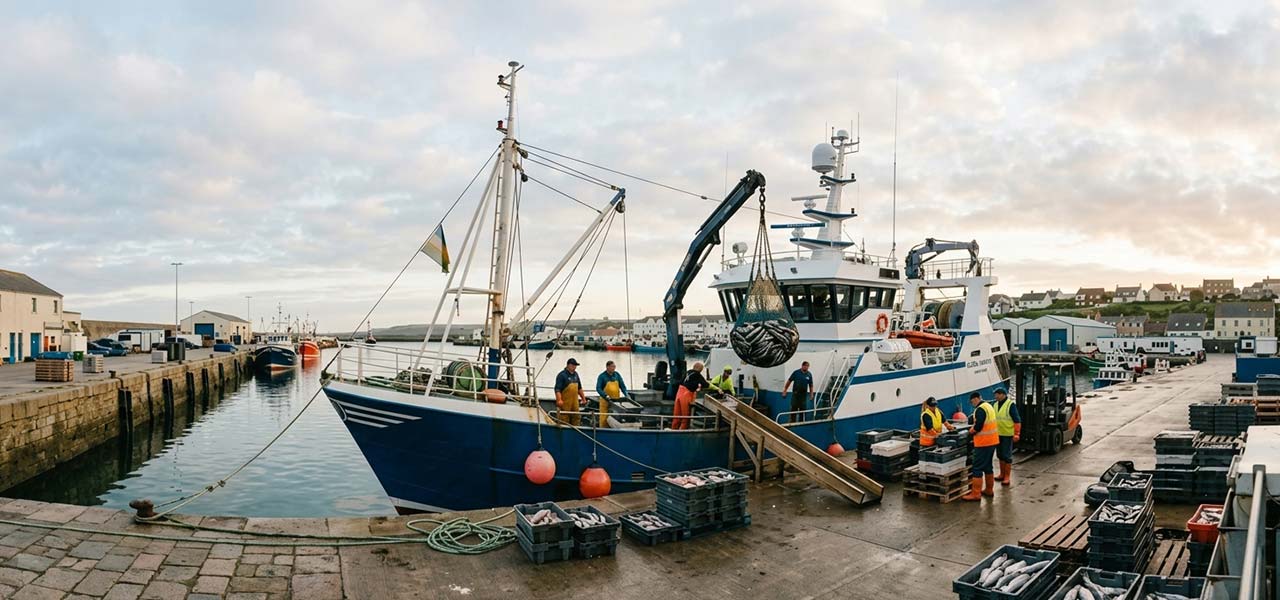 Barco pesquero descargando pesca en puerto